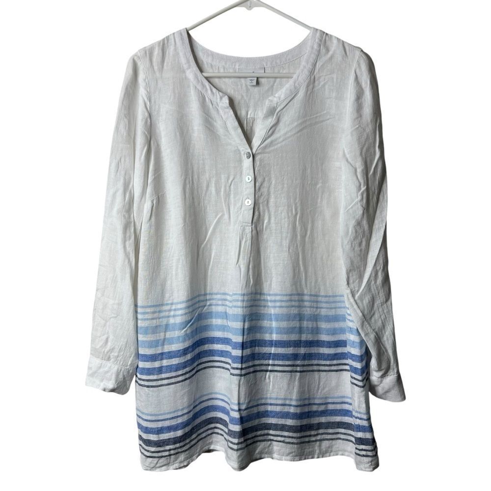 J Jill White Blue Linen Blend Popover 3/4 Sleeve Blouse